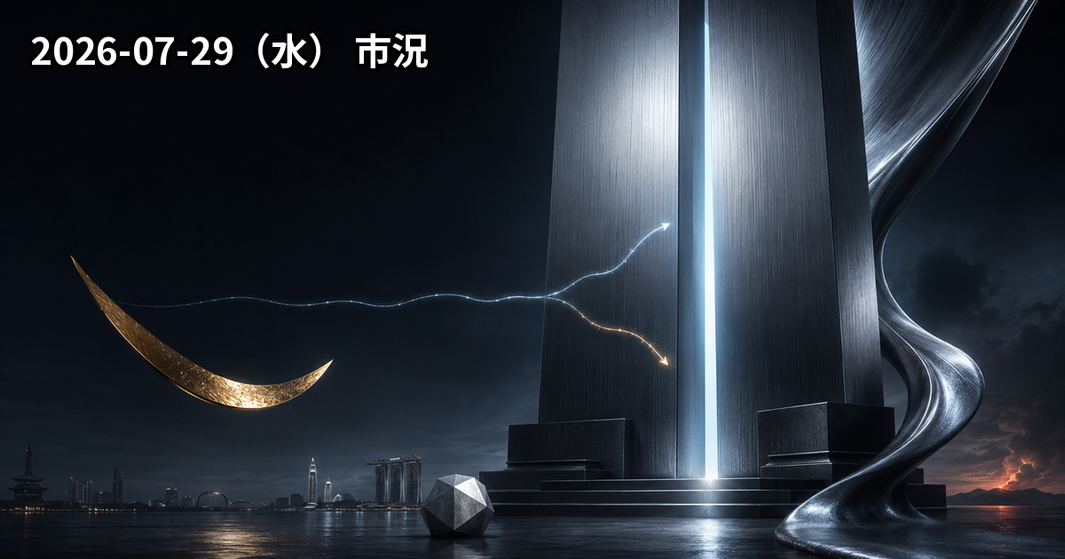 FOMCの政策判断を示す光のゲートと、下落したGold・Silver・Platinum、中東再緊張を表す市況イメージ