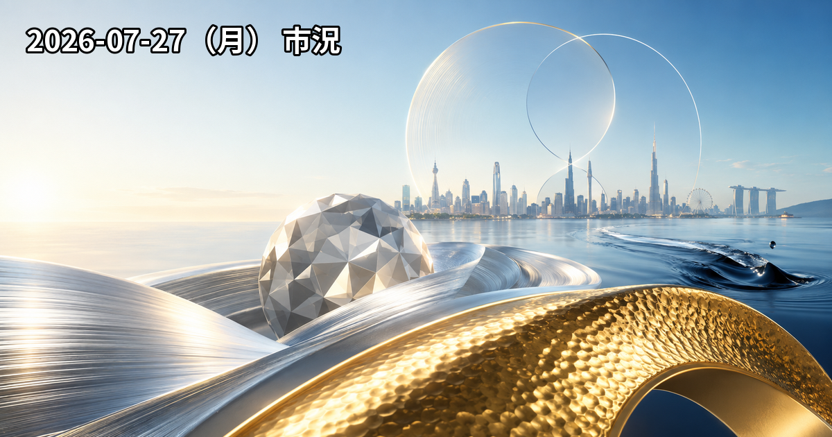 原油急落とドル円163円台、Goldなど貴金属の反発を明るいアジア市場で表現した2026年7月27日の市況イメージ