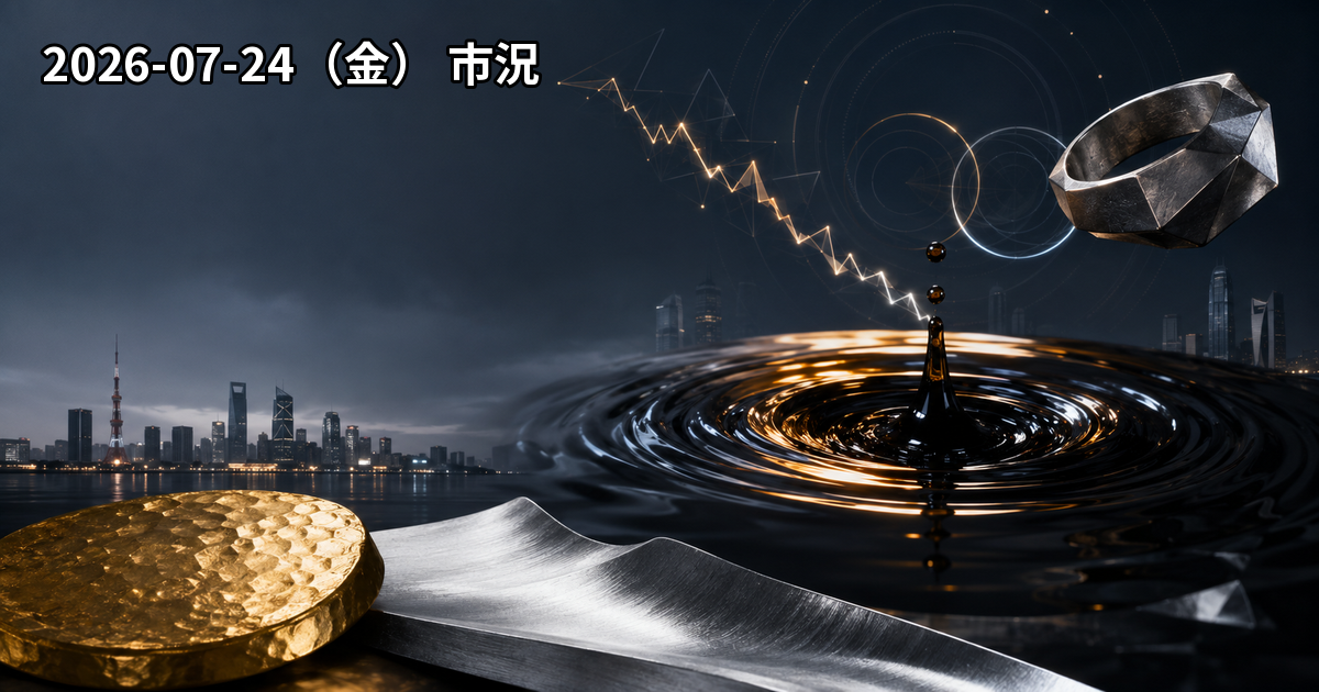 原油急騰とドル円164円攻防、Goldなど貴金属の下落を表現した2026年7月24日の市場イメージ