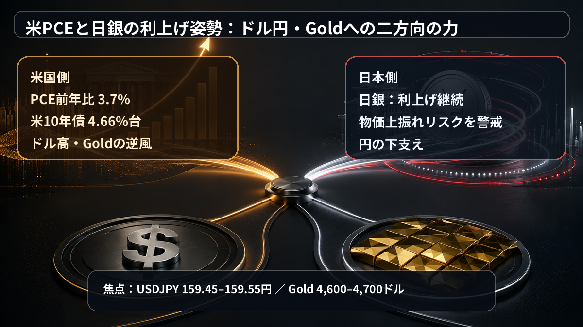 米PCEと日銀の利上げ姿勢がドル円と金に及ぼす二方向の力