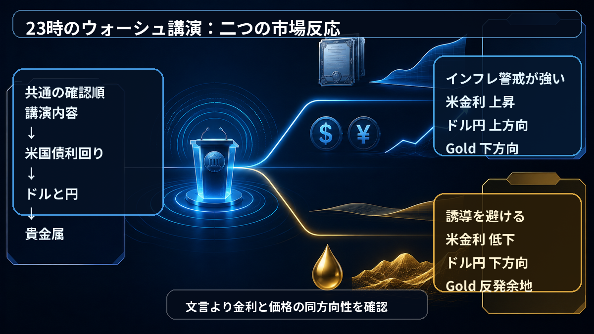 ウォーシュ講演から米金利、ドル円、Goldへ分かれる二つの波及シナリオ