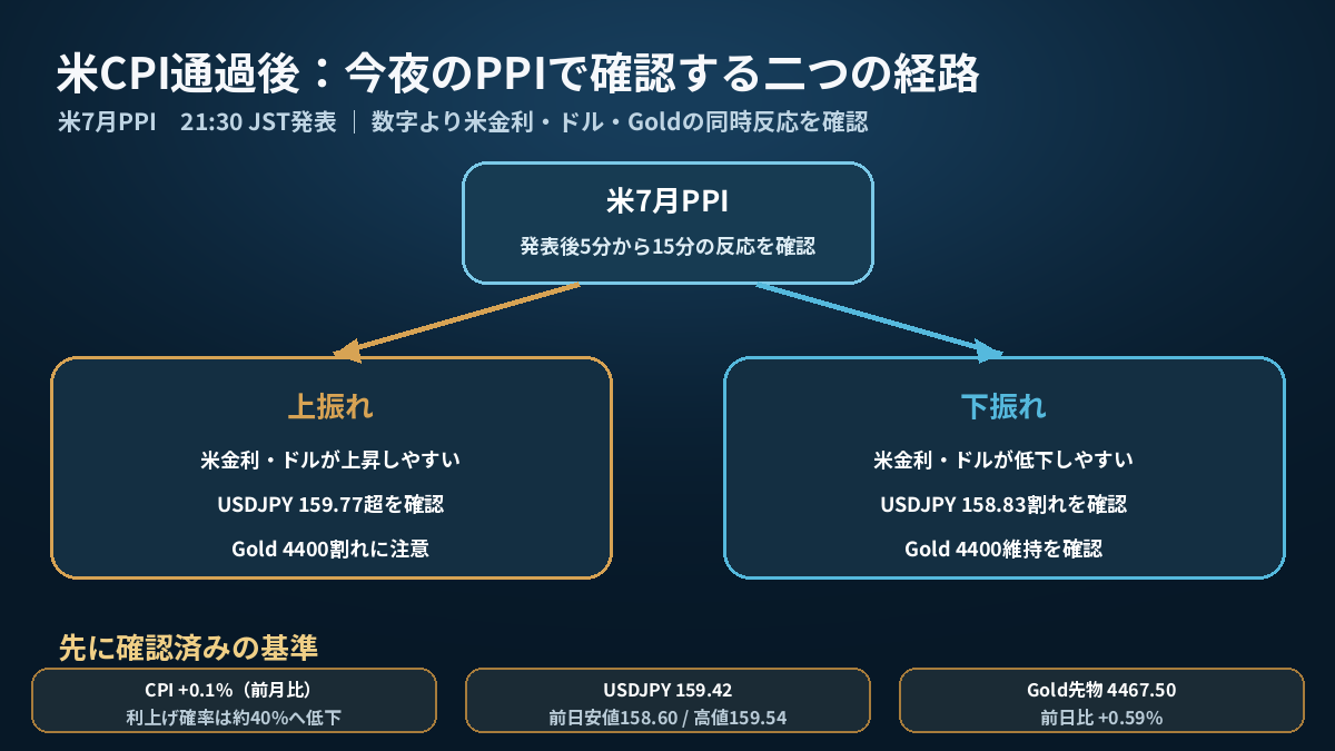 米CPI通過後に米PPIの上振れ・下振れが金利、ドル円、Goldへ波及する二つの経路