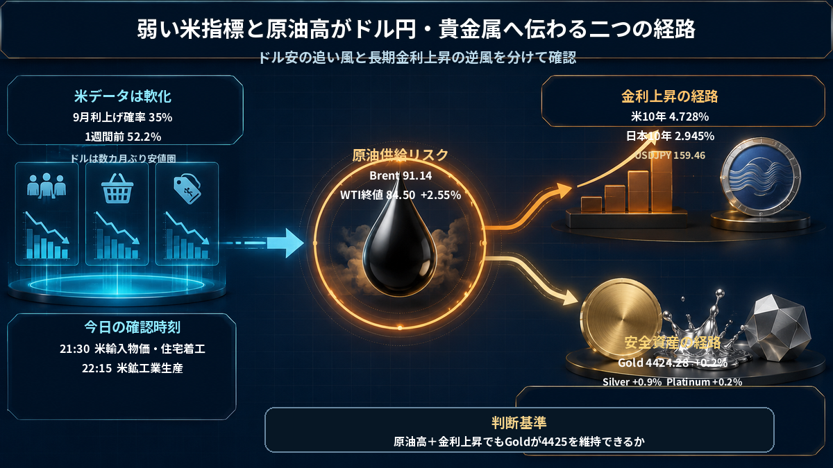 弱い米指標と原油高が長期金利、ドル円、Gold・Silver・Platinumへ波及する二つの経路
