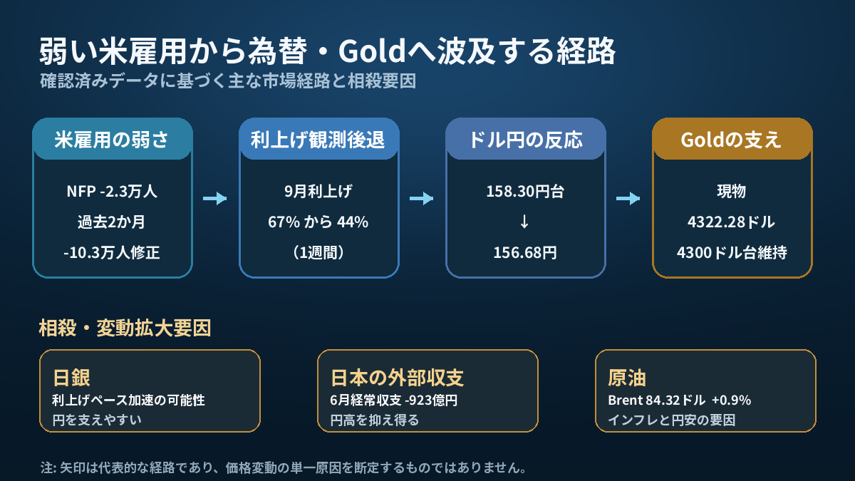 弱い米雇用から米利上げ観測後退、ドル円下落、Gold支援へ至る経路と相殺要因