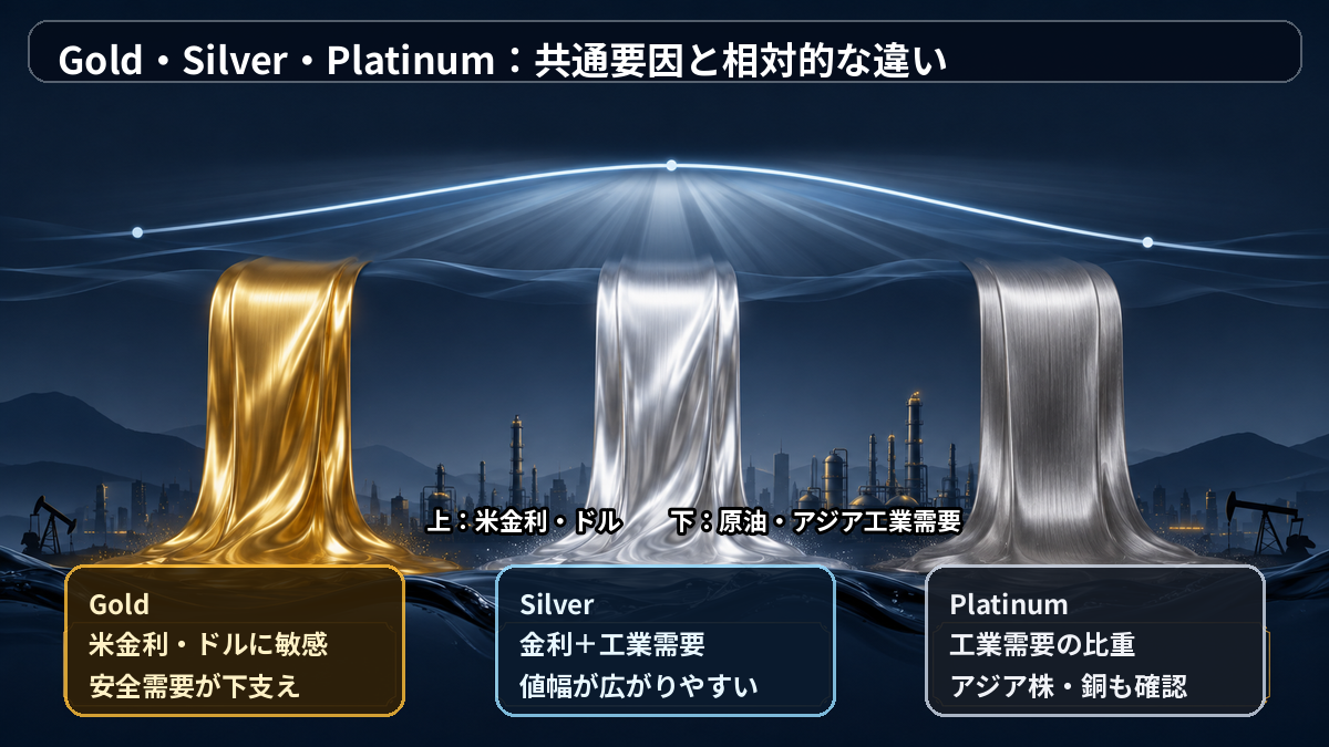 米金利とドル、原油、アジア工業需要がGold・Silver・Platinumへ及ぼす相対的な影響