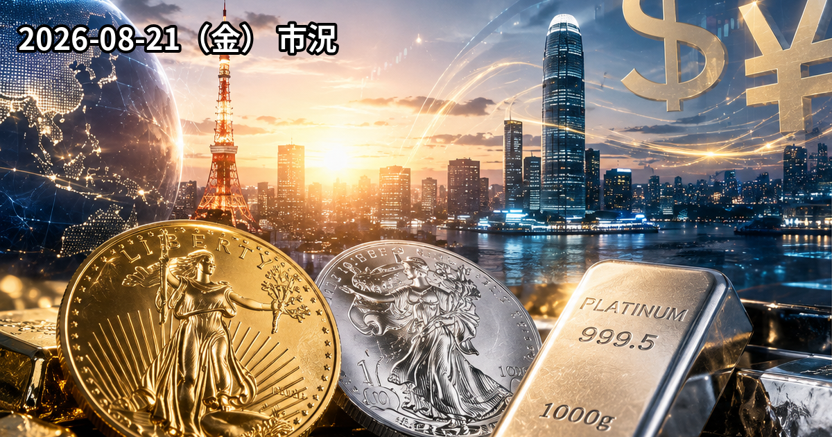 東京・香港・シンガポールの金融都市と高品質なGold・Silver・Platinumを背景に、8月21日のドル円と貴金属市況を表現したアイキャッチ